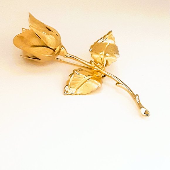 Giovanni Gold Rose Stem Brooch Floral Pin - Picture 1 of 9
